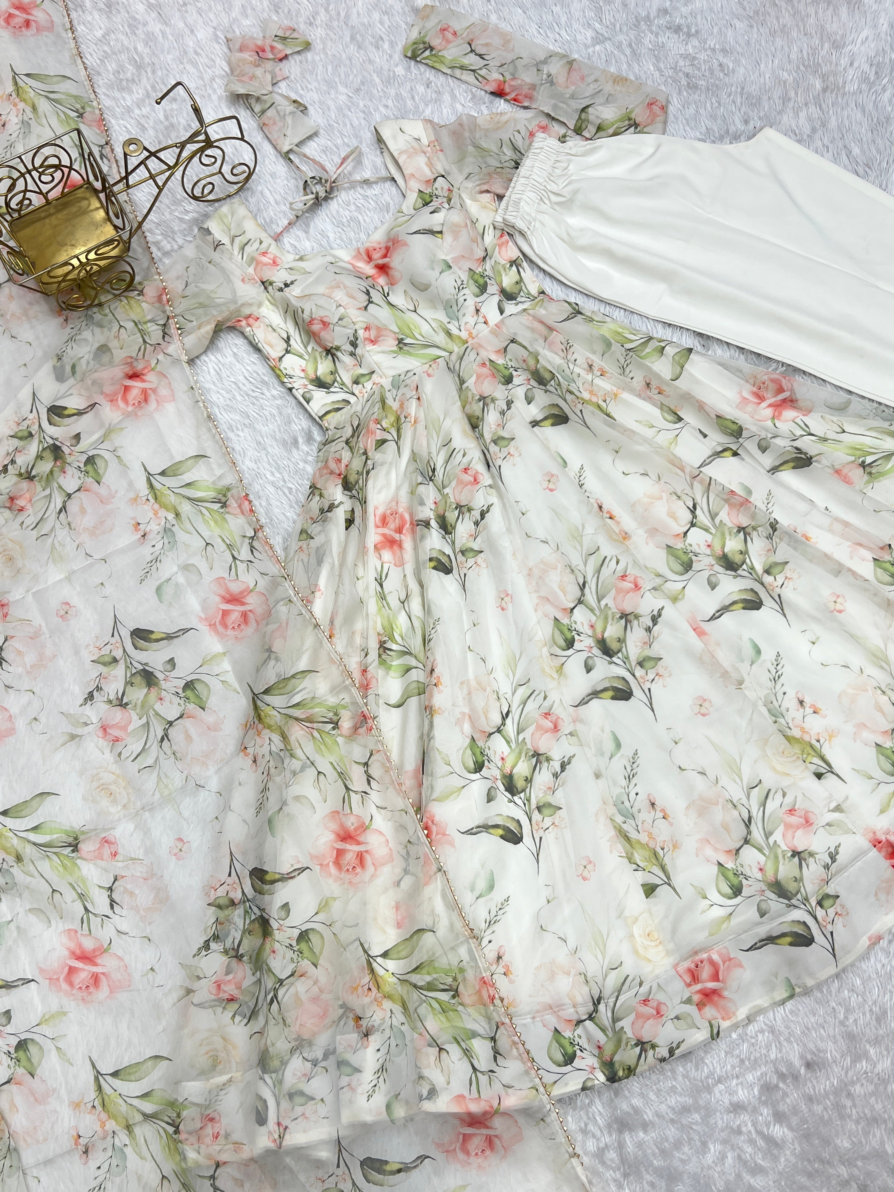 Lorenvalley White Soft Organza Silk With Floral Print Fully Flared Anarkali Pant With Dupatta Set - Distacart