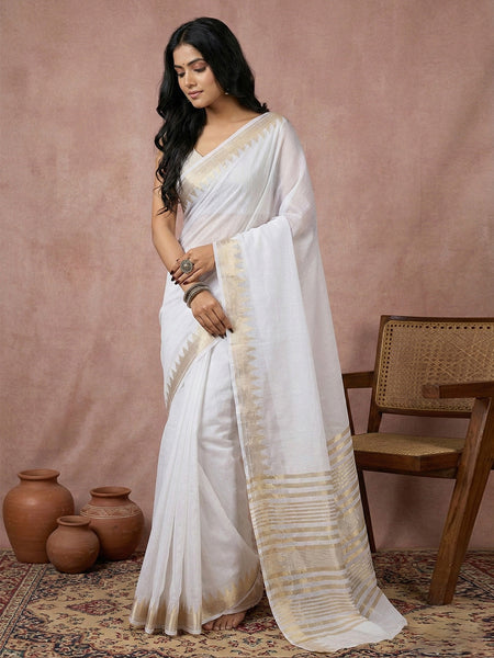 Anaita White Cotton Saree With Blouse