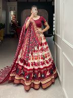 Lorenvalley White Tussar Silk Patola Print With Foil Work Lehenga Choli