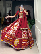Lorenvalley White Rayon and Printed Silk with Plain And Printed With Original Mirror Gamthi Work And Gamthi Patch Work Lehenga Choli