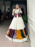 Lorenvalley White Rayon Plain With Embroidery And Gamthi Patch Work Lehenga Choli