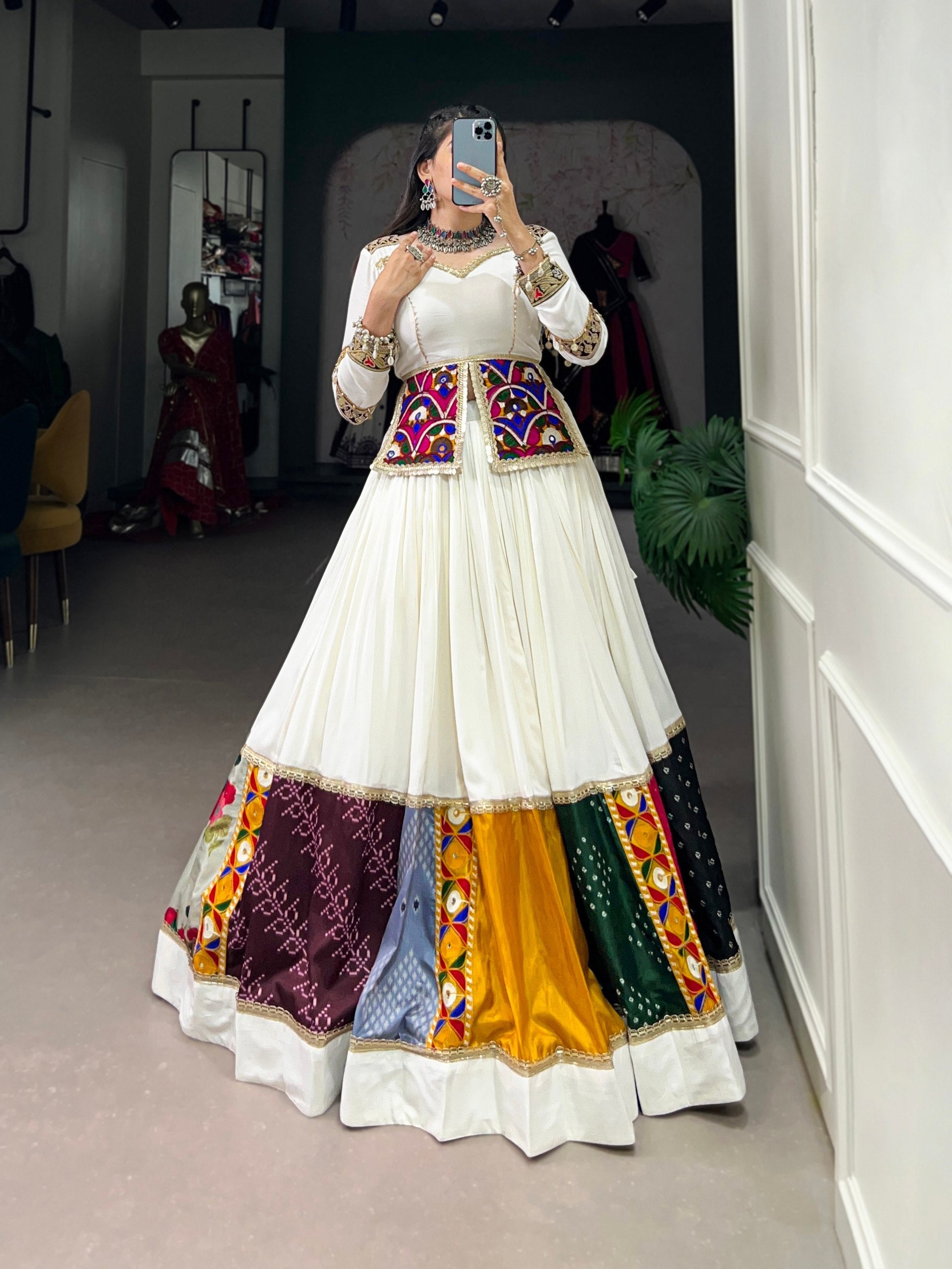 Lorenvalley White Rayon Plain With Embroidery And Gamthi Patch Work Lehenga Choli