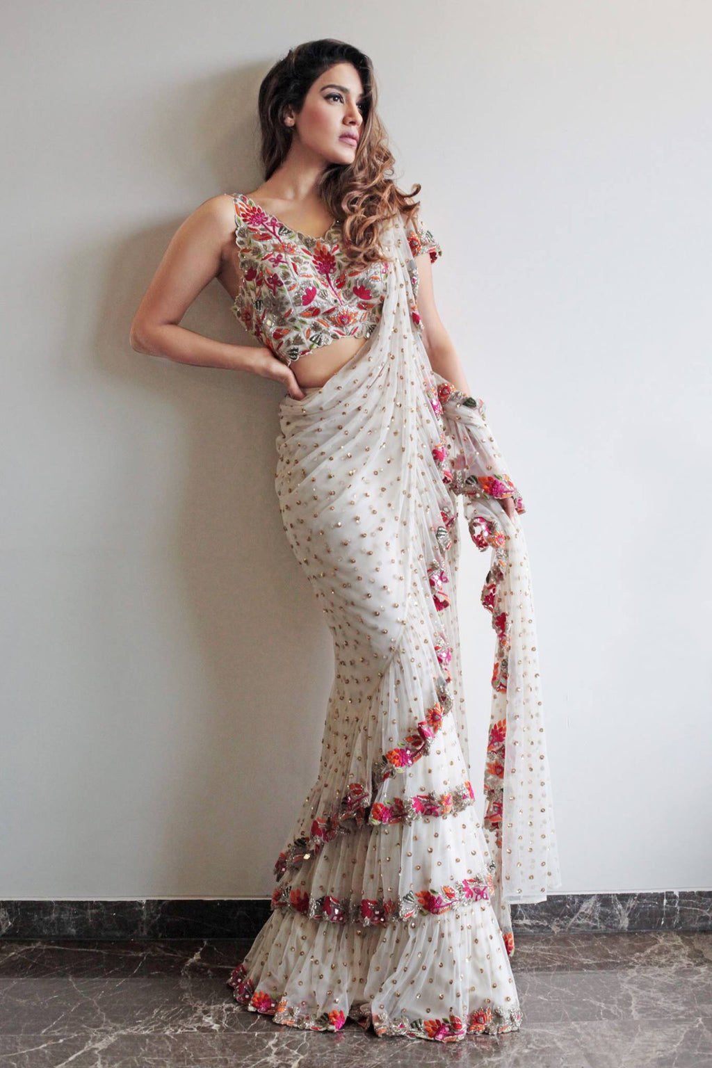 Evanik White Embroidered Work Ruffled Saree With Unstitched Blouse - Distacart