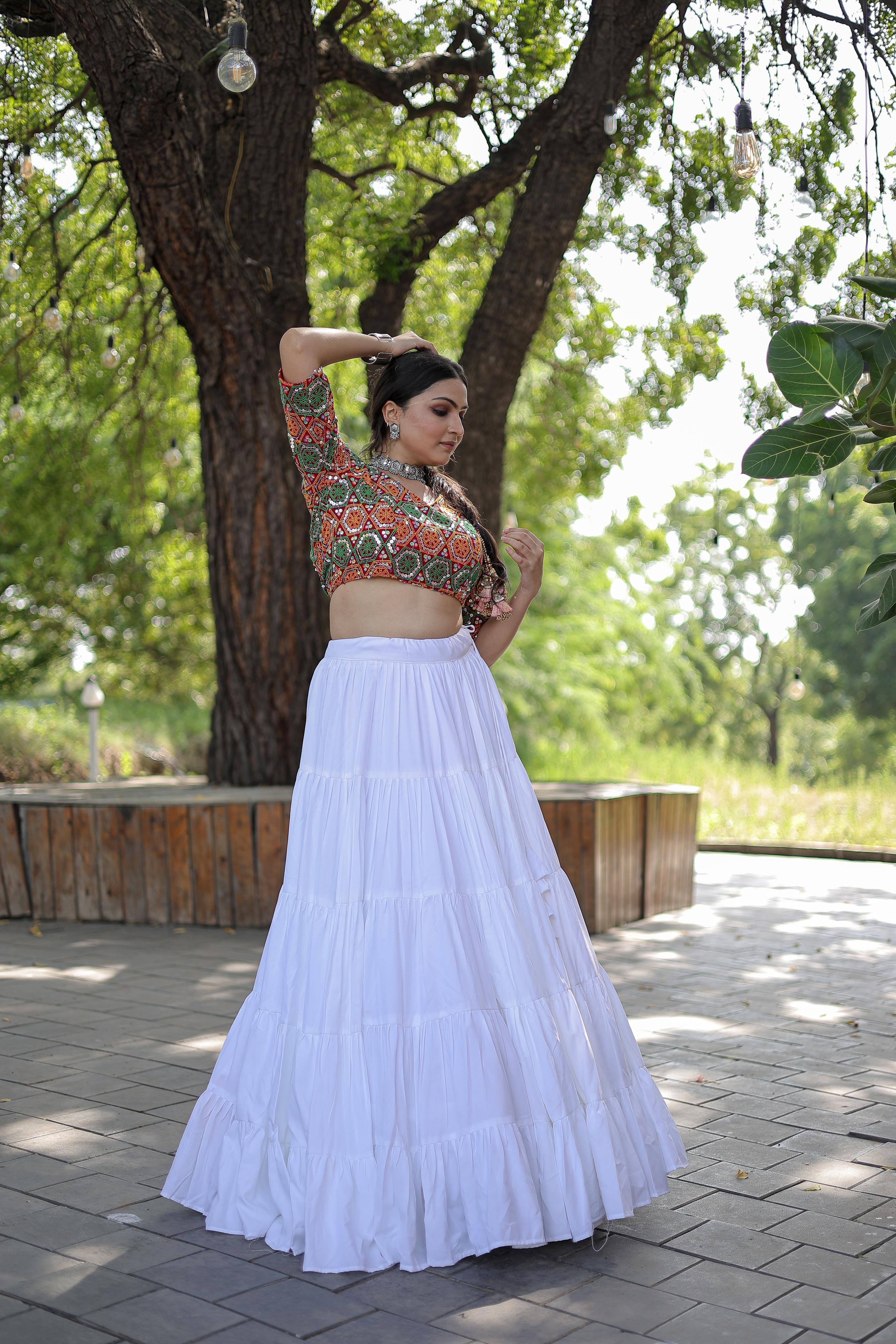 Lorenvalley White Premium Rayon Lehenga with Georgette Embroidered Traditional Thread work Choli