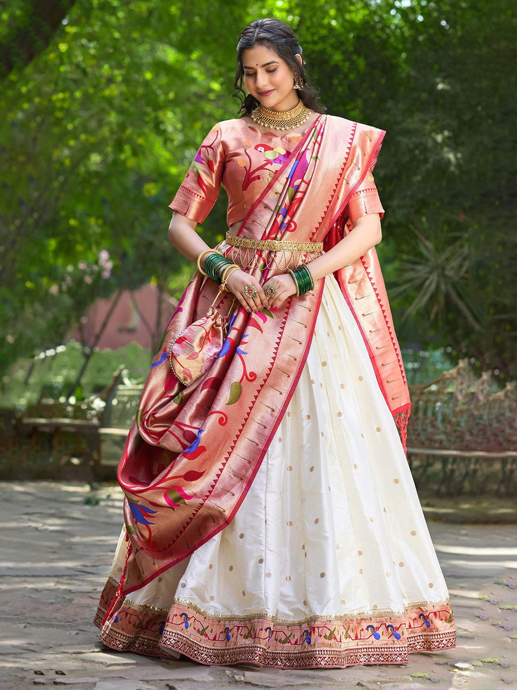 Lorenvalley White Jacquard Silk Paithani Weaving Zari Lehenga Choli with Dupatta
