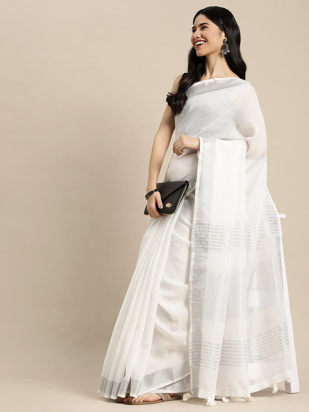 Anaita White Linen Saree With Blouse - Distacart