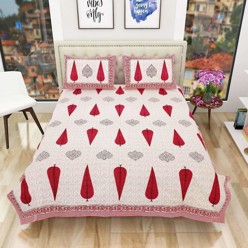 Queen Size 90x108 Inches Jaipuri Sanganeri Print Flat Bed Sheet Bedspread with 2 Pillowcases
