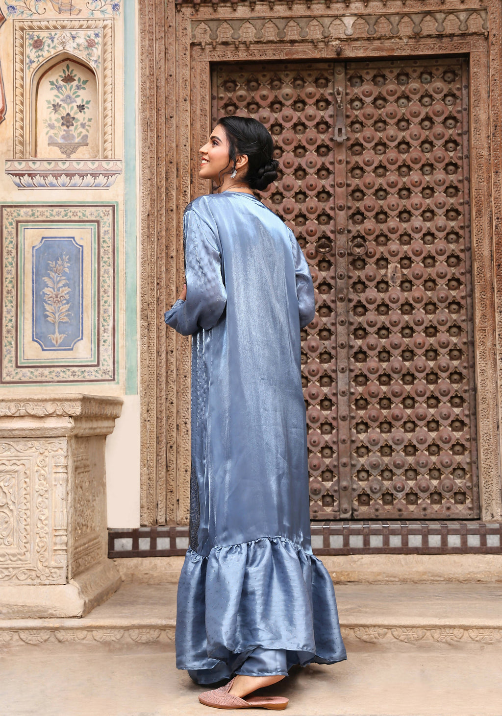 Sky Blue Tom Silk Plain Ready To Wear Saree With Stitched Blouse - Satiksha