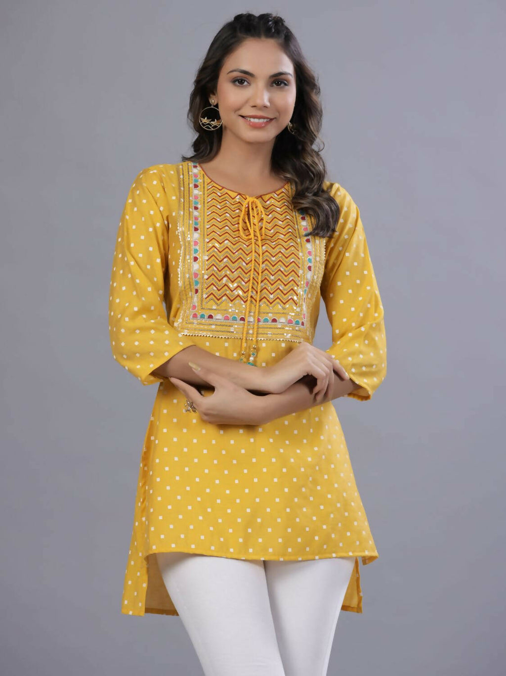 Juniper Women Yellow Muslin Printed High-Low Straight Tunic With Embroidered Yoke