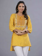 Juniper Women Yellow Muslin Printed High-Low Straight Tunic With Embroidered Yoke