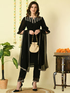Myshka Women's Black Georgette Kurta & Trousers With Dupatta Party Sets