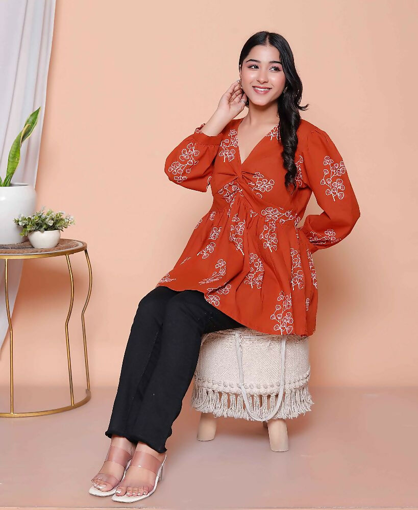 Miravan Womens Rust Floral Printed Balloon Sleeves V Neck Butterfly Top - Distacart