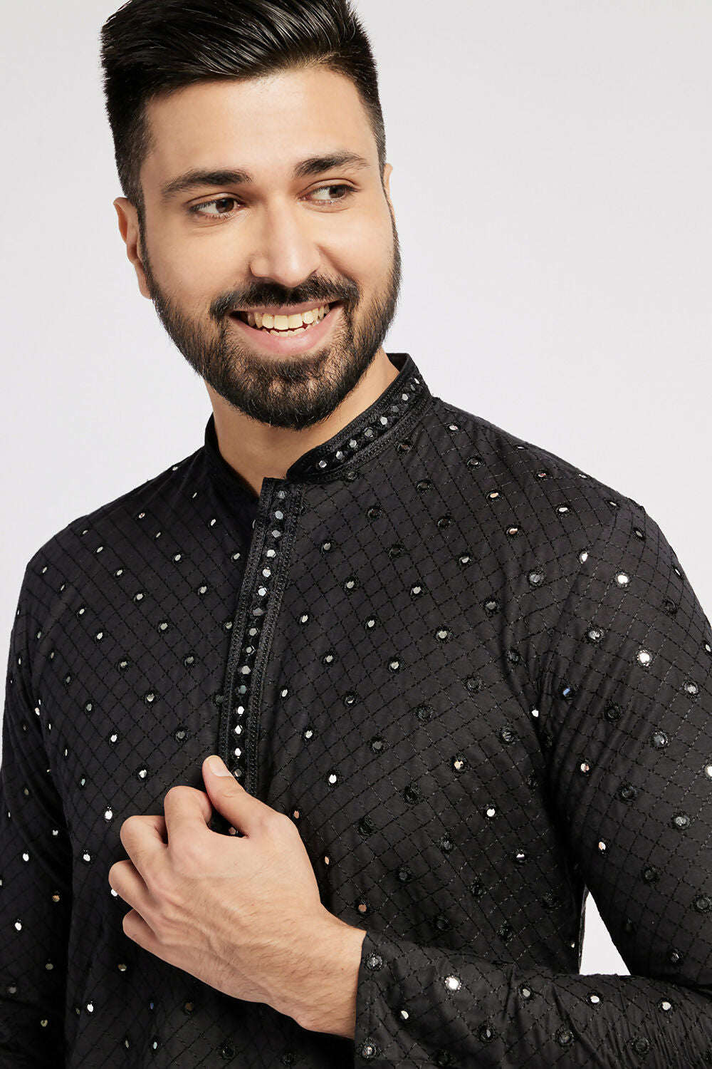 Ethnic India Black Men's Kurta Embellished Cotton