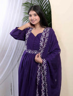 Miravan Women's Cotton Purple A-Line Kurta With Embroidered Neck And Palazzo With Embroidered Dupatta Set