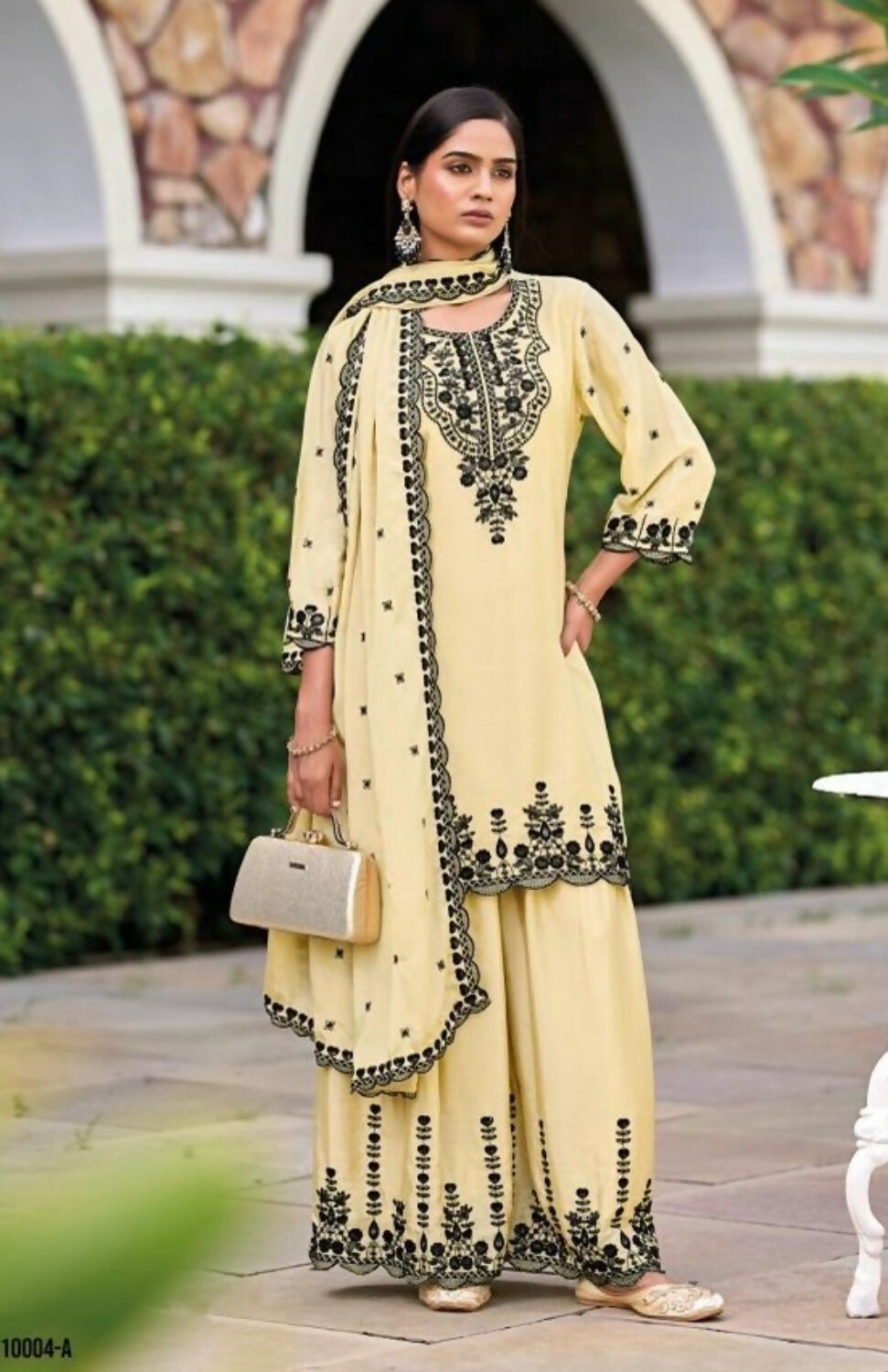 Anaita Beige Chinon Readymade Palazzo Suit with Heavy Embroidery Work - Distacart