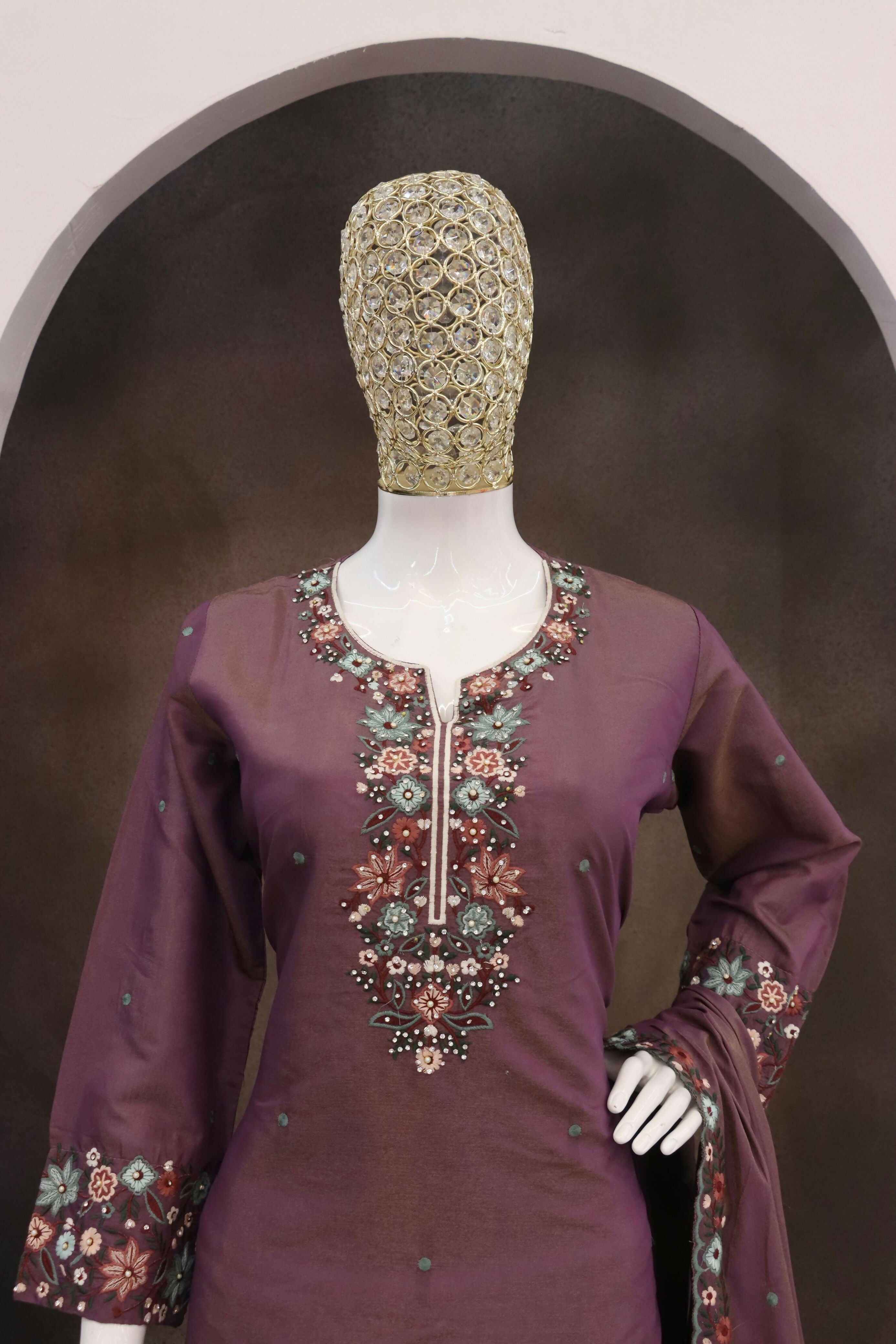 Anaita Wine Simar with Embroidery Multi & Zarkhan Work Readymade Palazzo suit - Distacart