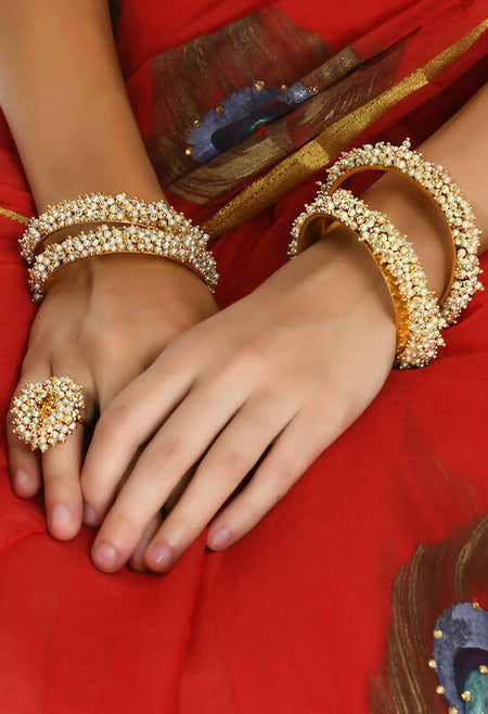 Mominos Fashion Joharkamal Gold-Polished Beads Work Bangles with Rings