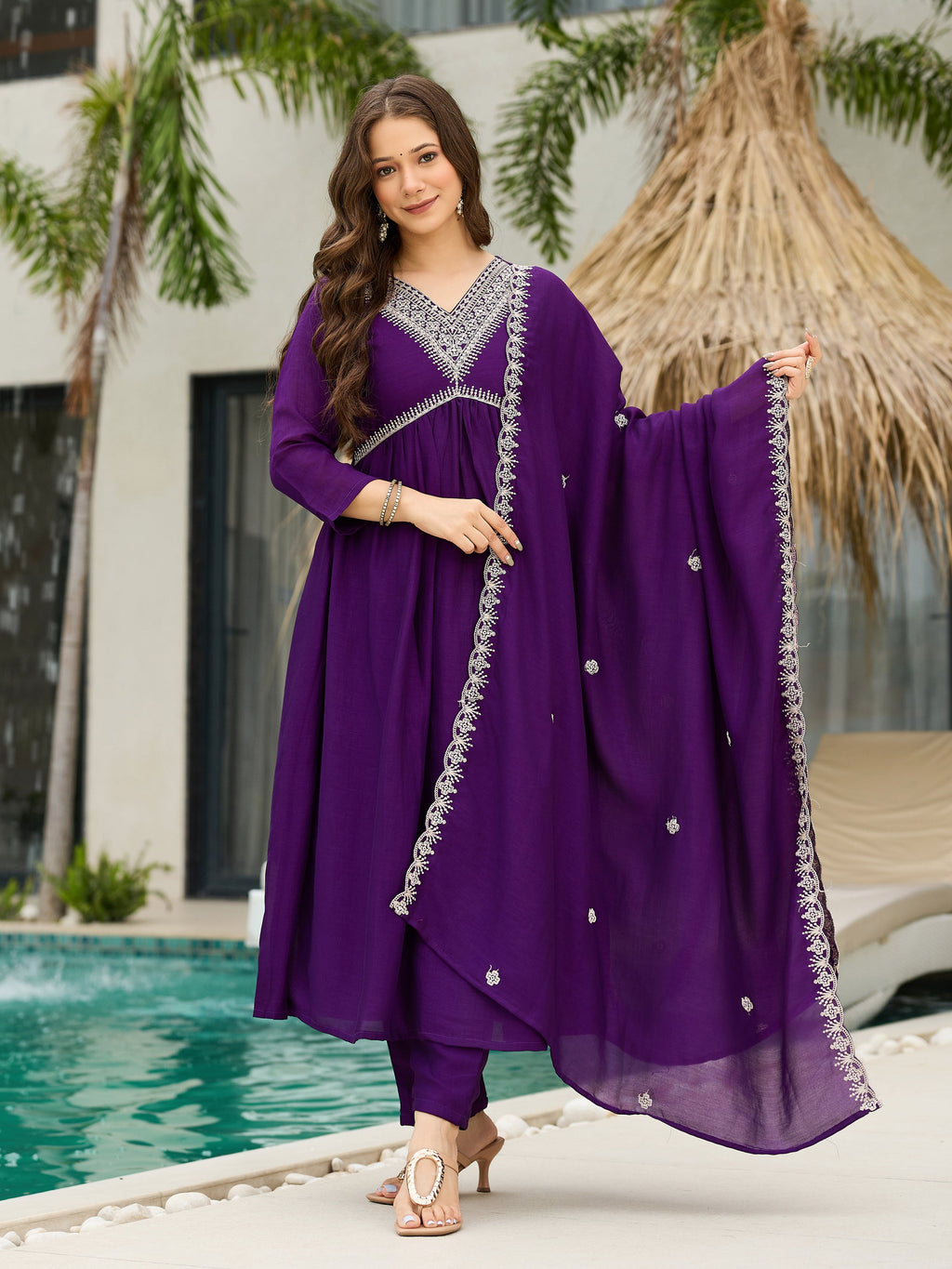The52 Beautiful Embroidered Vichitra Silk Fabric Pleated Kurta, Pant and Dupatta Set - Distacart