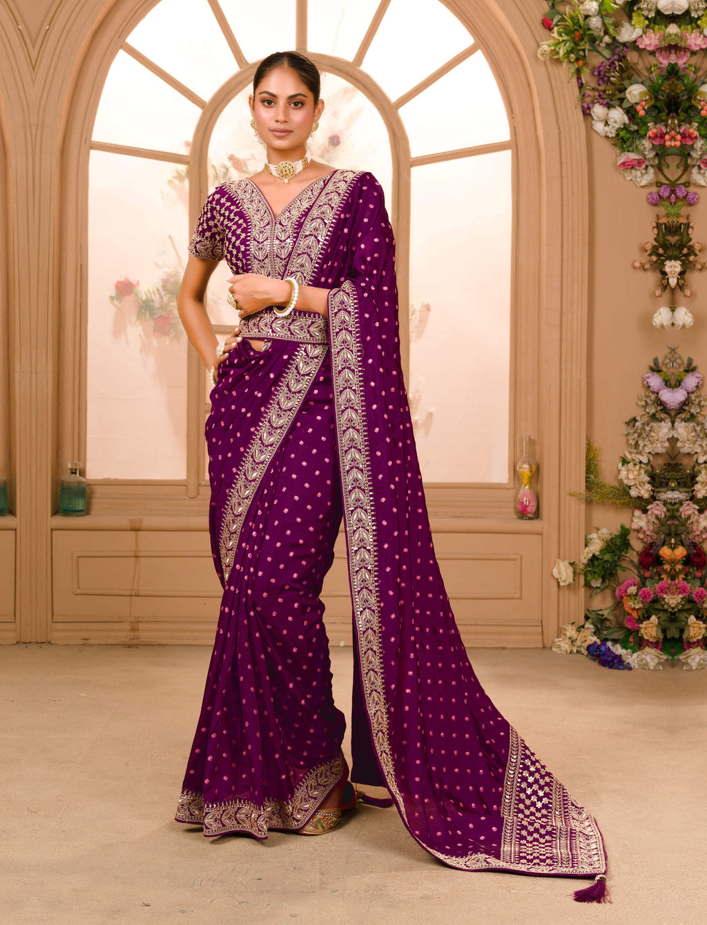 Teeya Creation Wine Color Chinnon Silk Heavy Embroidery Work Saree - Distacart