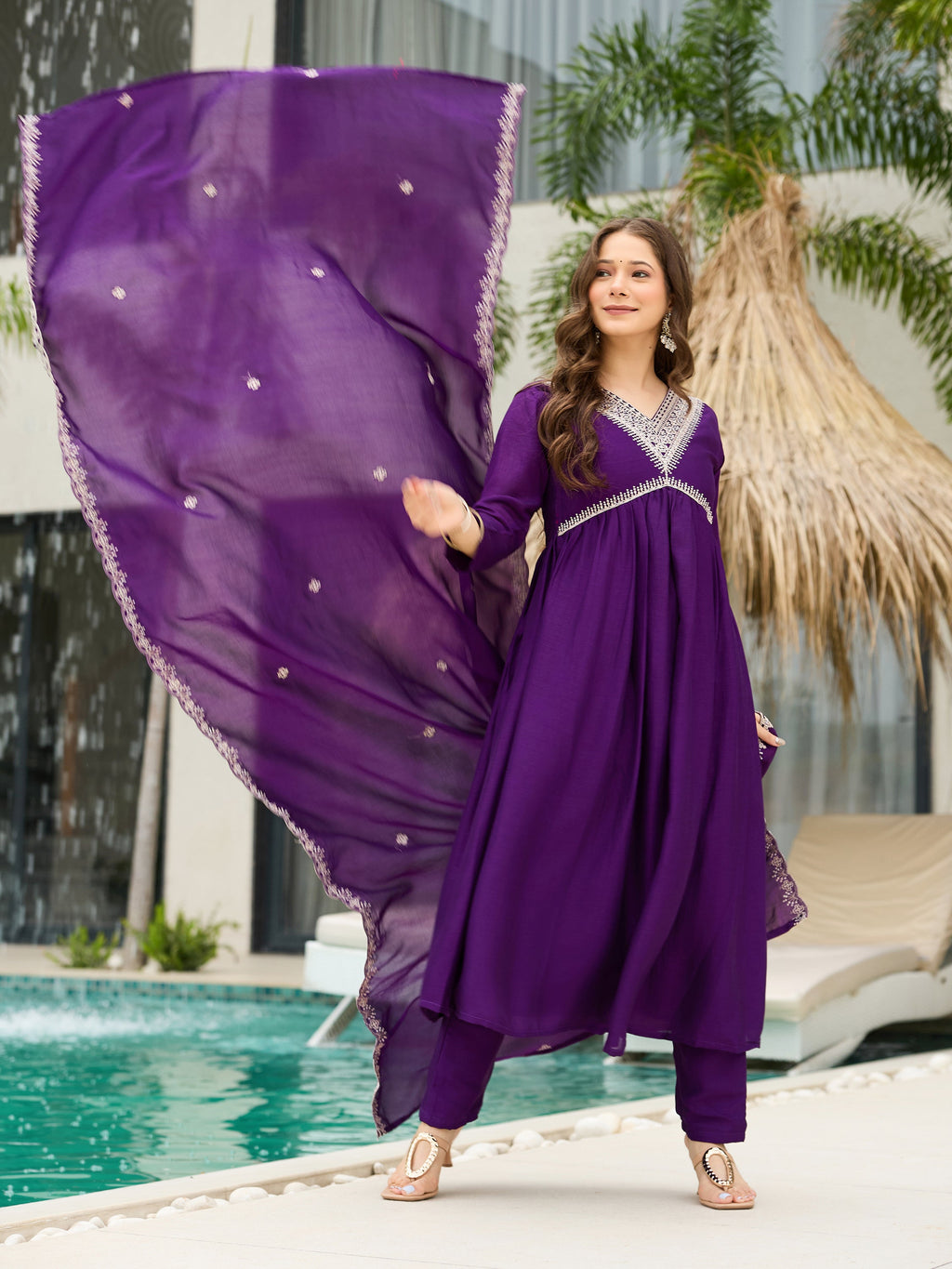 The52 Beautiful Embroidered Vichitra Silk Fabric Pleated Kurta, Pant and Dupatta Set - Distacart
