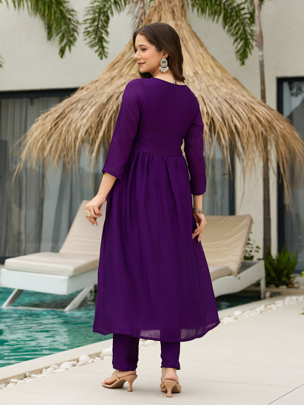 The52 Beautiful Embroidered Vichitra Silk Fabric Pleated Kurta, Pant and Dupatta Set - Distacart
