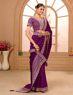 Teeya Creation Wine Color Chinnon Silk Heavy Embroidery Work Saree - Distacart