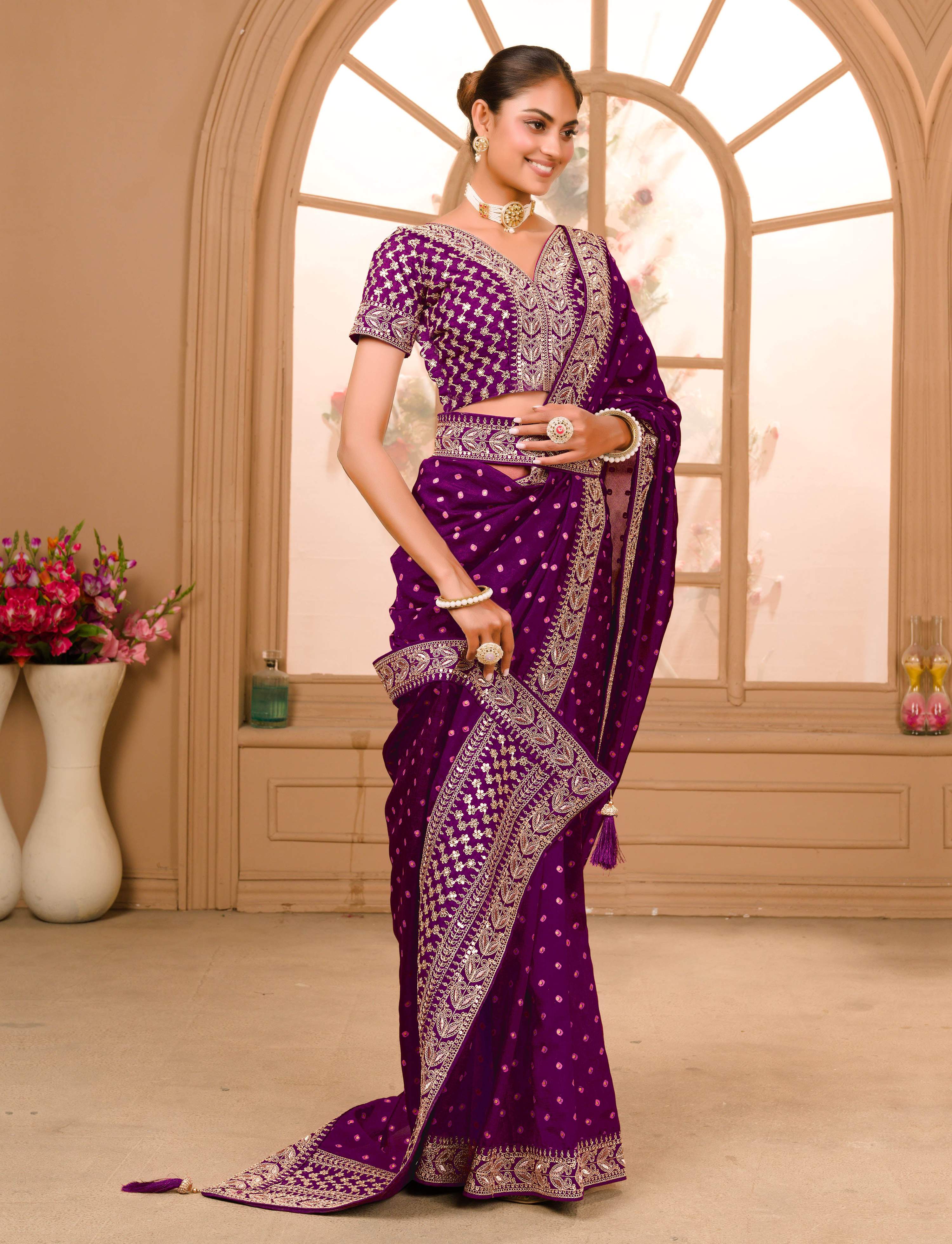 Teeya Creation Wine Color Chinnon Silk Heavy Embroidery Work Saree - Distacart
