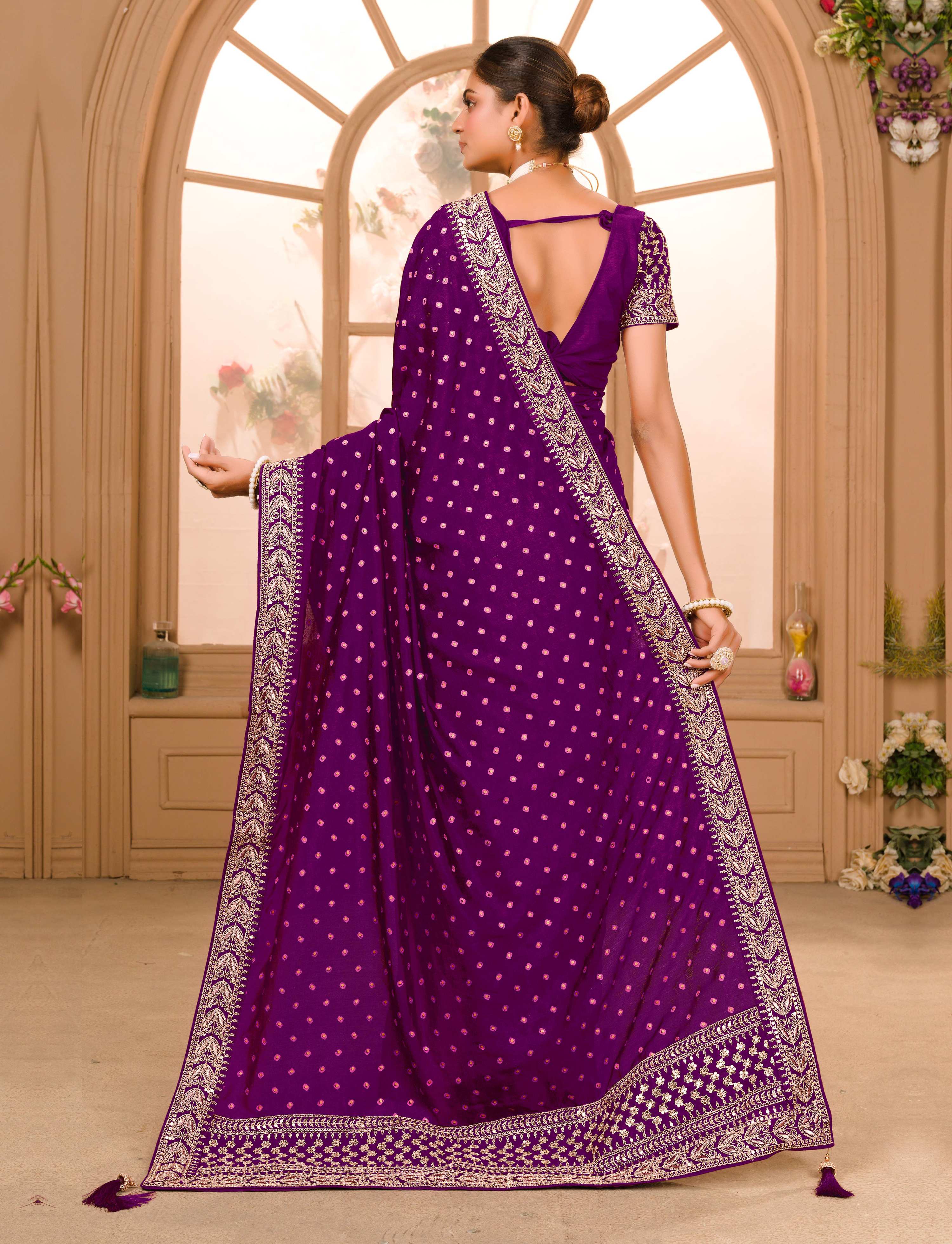 Teeya Creation Wine Color Chinnon Silk Heavy Embroidery Work Saree - Distacart