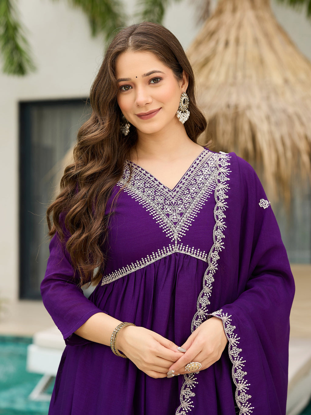 The52 Beautiful Embroidered Vichitra Silk Fabric Pleated Kurta, Pant and Dupatta Set - Distacart