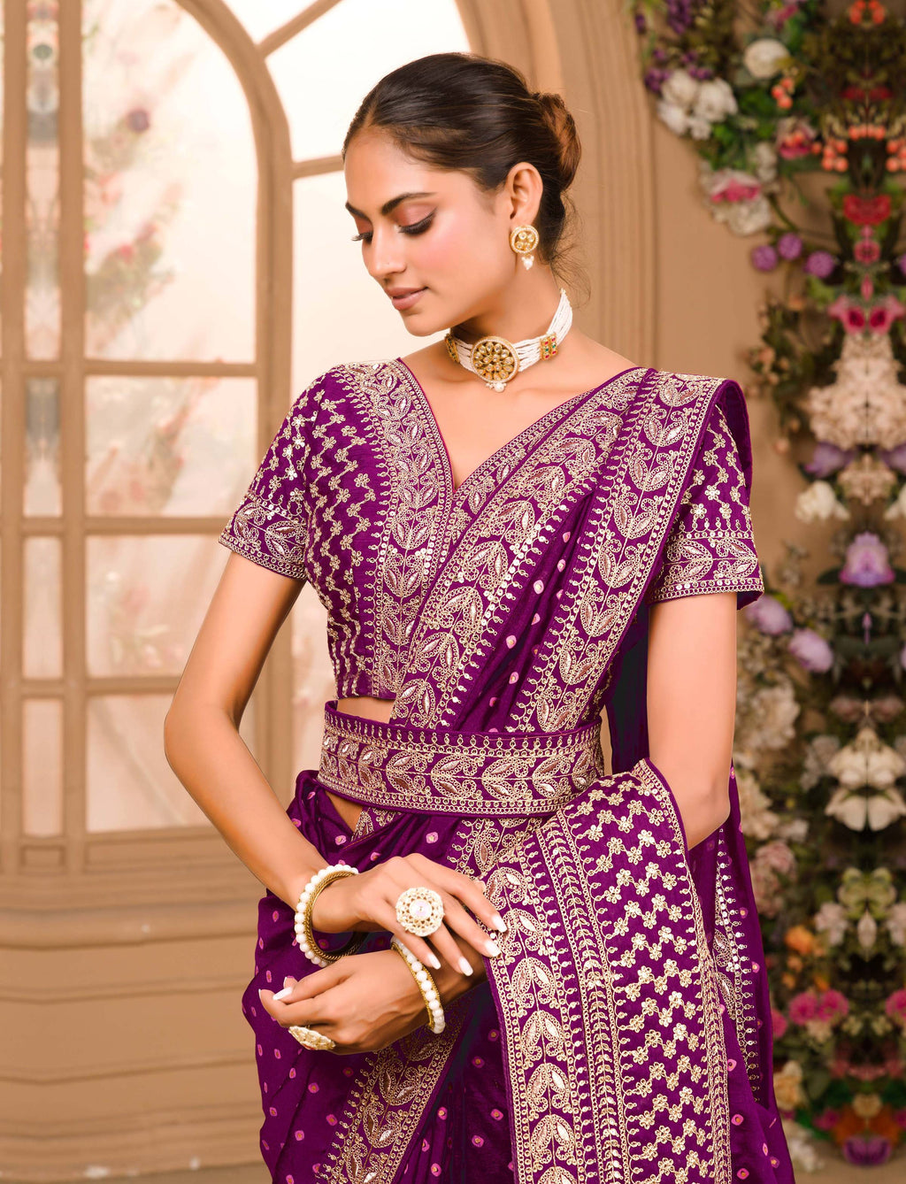 Teeya Creation Wine Color Chinnon Silk Heavy Embroidery Work Saree - Distacart