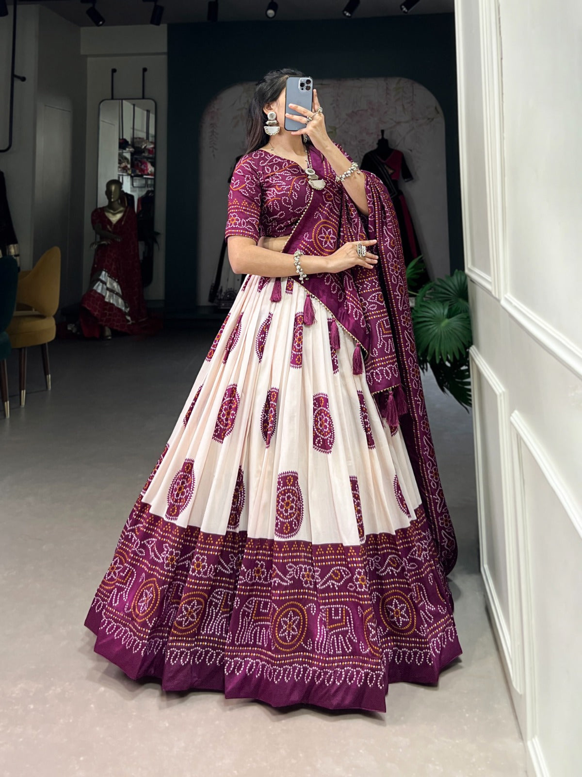 Lorenvalley Wine Tussar Silk with Bandhej Print Lehenga Choli