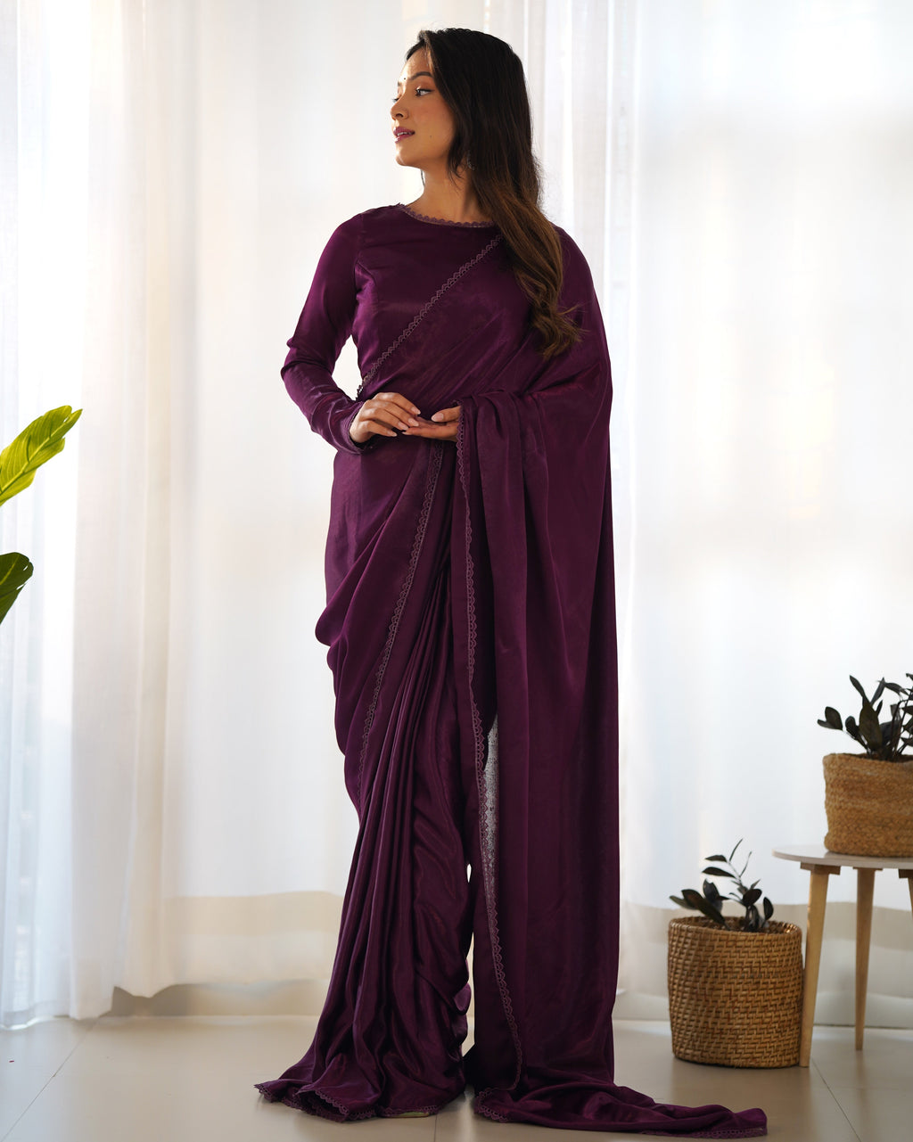 Lorenvalley Ready to wear Premium Quality Marble Velvet Fabric Fancy Boarder Lace Work Predrapped Saree - Purple