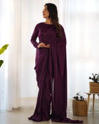 Lorenvalley Ready to wear Premium Quality Marble Velvet Fabric Fancy Boarder Lace Work Predrapped Saree - Purple