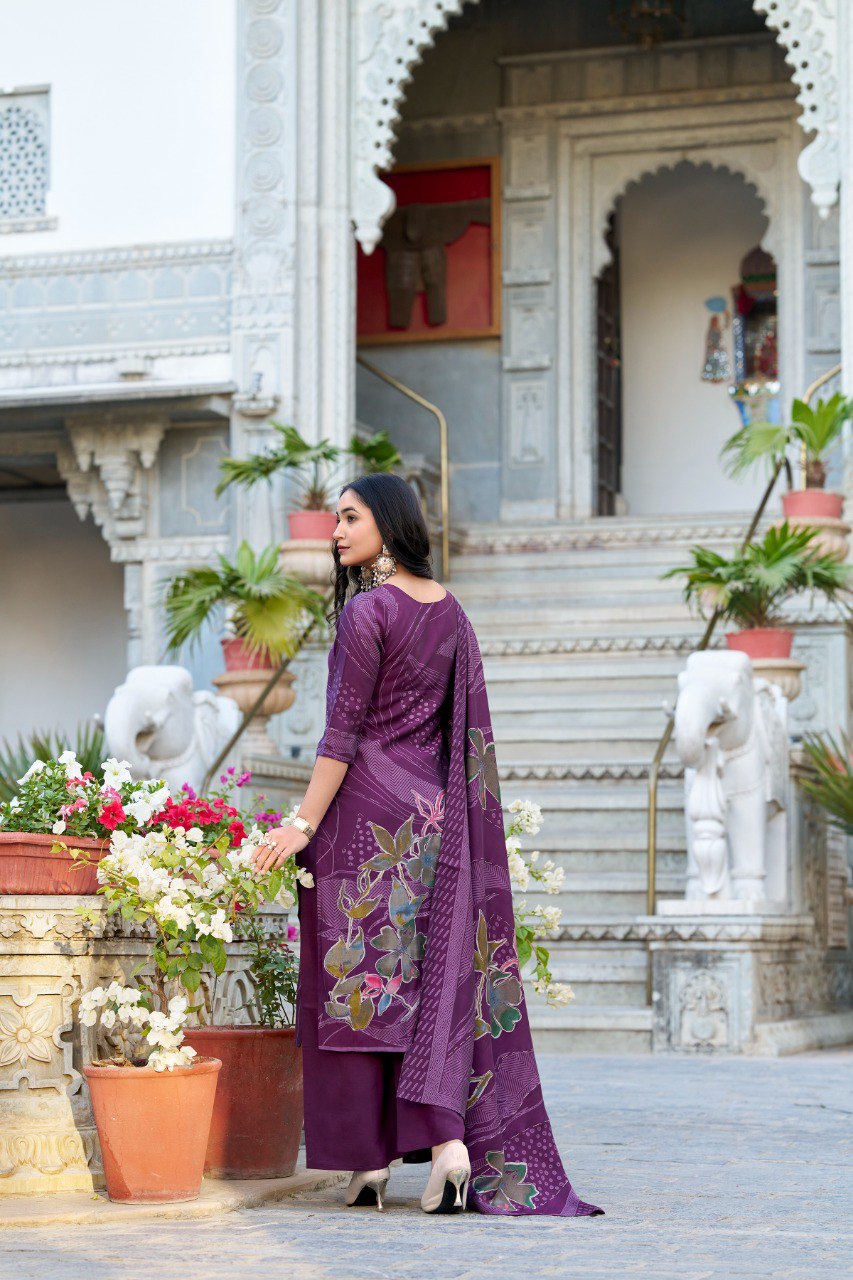 Lorenvalley Wine Roman Silk Floral Print With Beets Handwork Kurta Set