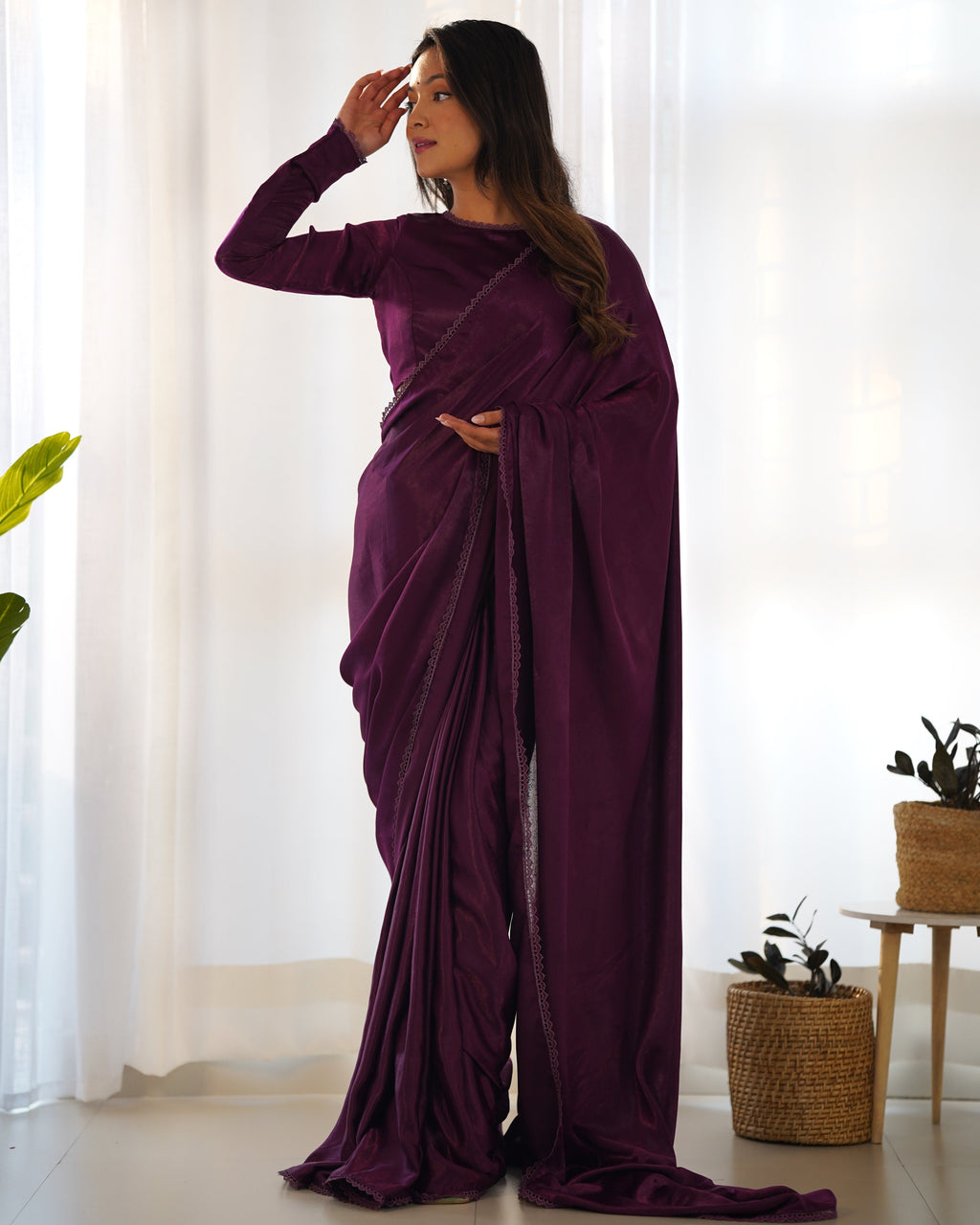 Lorenvalley Ready to wear Premium Quality Marble Velvet Fabric Fancy Boarder Lace Work Predrapped Saree - Purple