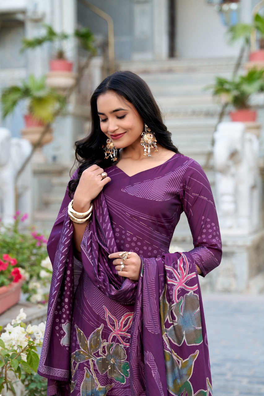 Lorenvalley Wine Roman Silk Floral Print With Beets Handwork Kurta Set