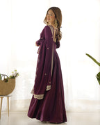 Lorenvalley Mauve Pure Roman Silk Chanderi Fabric Fully Flared Anarkali Pant With Dupatta Set - Wine