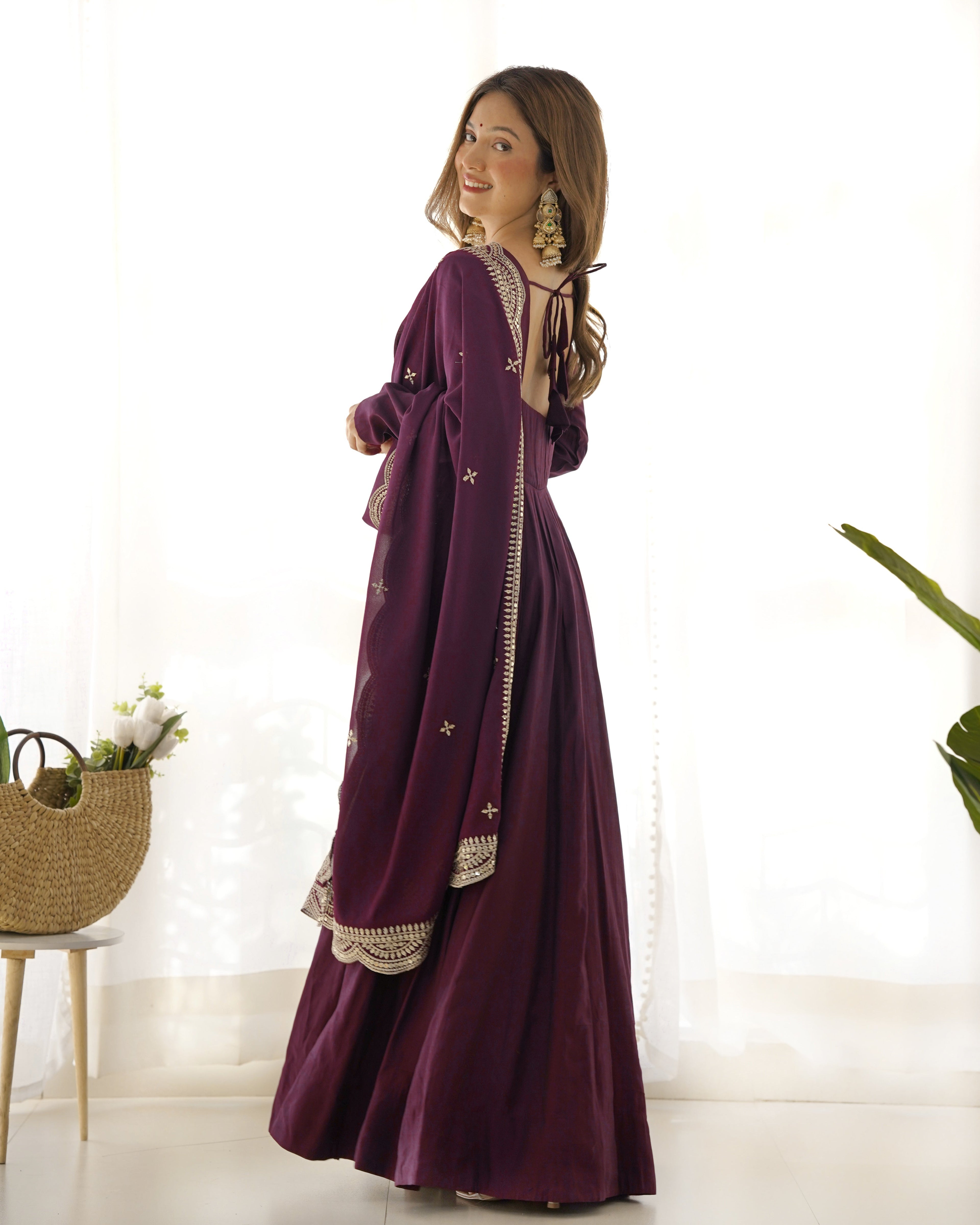 Lorenvalley Mauve Pure Roman Silk Chanderi Fabric Fully Flared Anarkali Pant With Dupatta Set - Wine