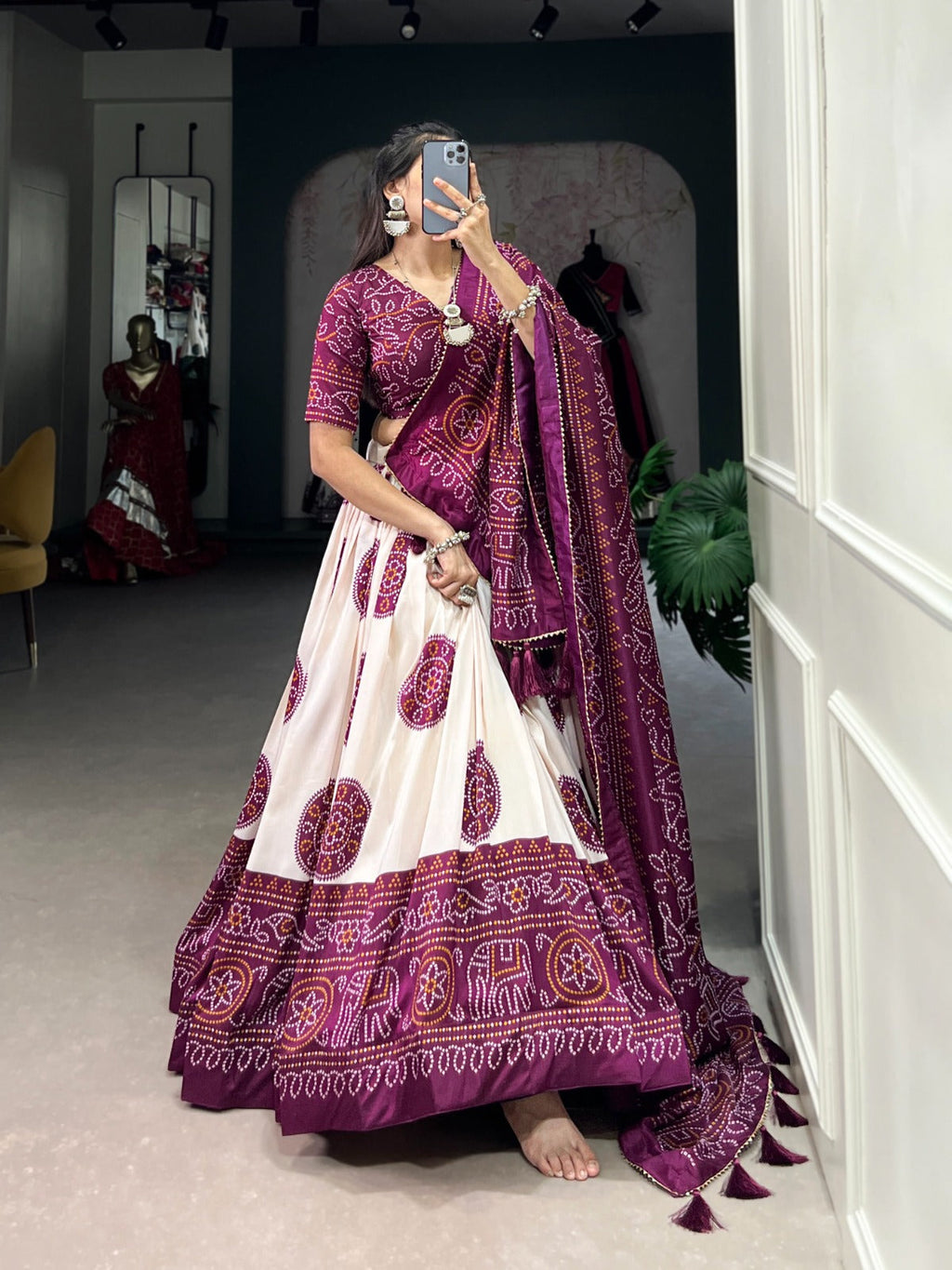 Lorenvalley Wine Tussar Silk with Bandhej Print Lehenga Choli