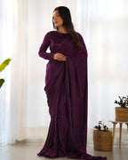 Lorenvalley Ready to wear Premium Quality Marble Velvet Fabric Fancy Boarder Lace Work Predrapped Saree - Purple