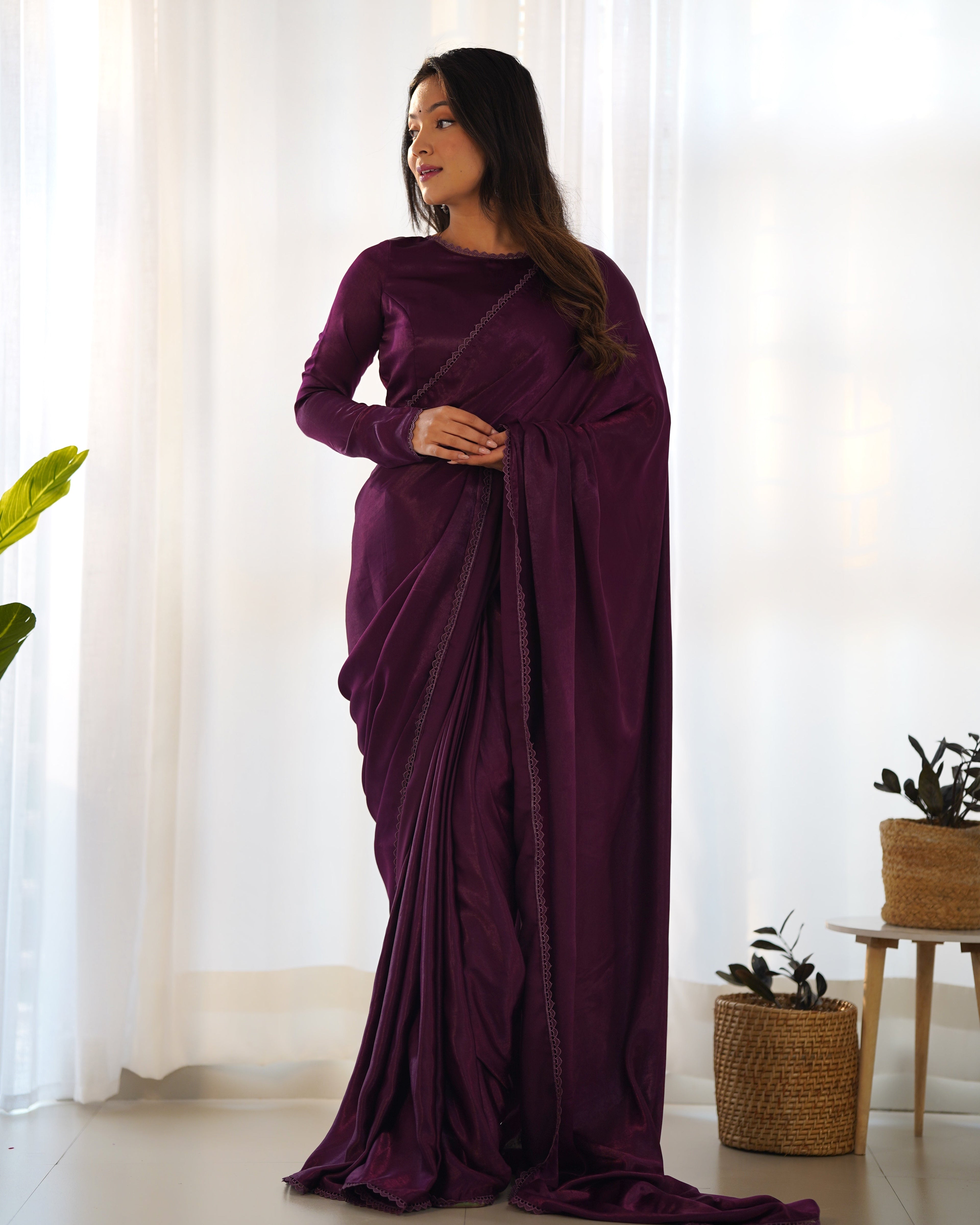 Lorenvalley Ready to wear Premium Quality Marble Velvet Fabric Fancy Boarder Lace Work Predrapped Saree - Purple