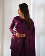 Lorenvalley Ready to wear Premium Quality Marble Velvet Fabric Fancy Boarder Lace Work Predrapped Saree - Purple
