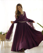 Lorenvalley Mauve Pure Roman Silk Chanderi Fabric Fully Flared Anarkali Pant With Dupatta Set - Wine