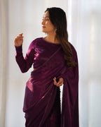 Lorenvalley Ready to wear Premium Quality Marble Velvet Fabric Fancy Boarder Lace Work Predrapped Saree - Purple