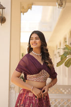 Lorenvalley Wine Russian Silk Rich Digital Printed With Foil Embroidery work Lehenga Choli