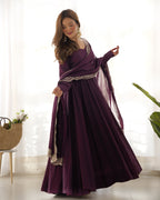 Lorenvalley Mauve Pure Roman Silk Chanderi Fabric Fully Flared Anarkali Pant With Dupatta Set - Wine