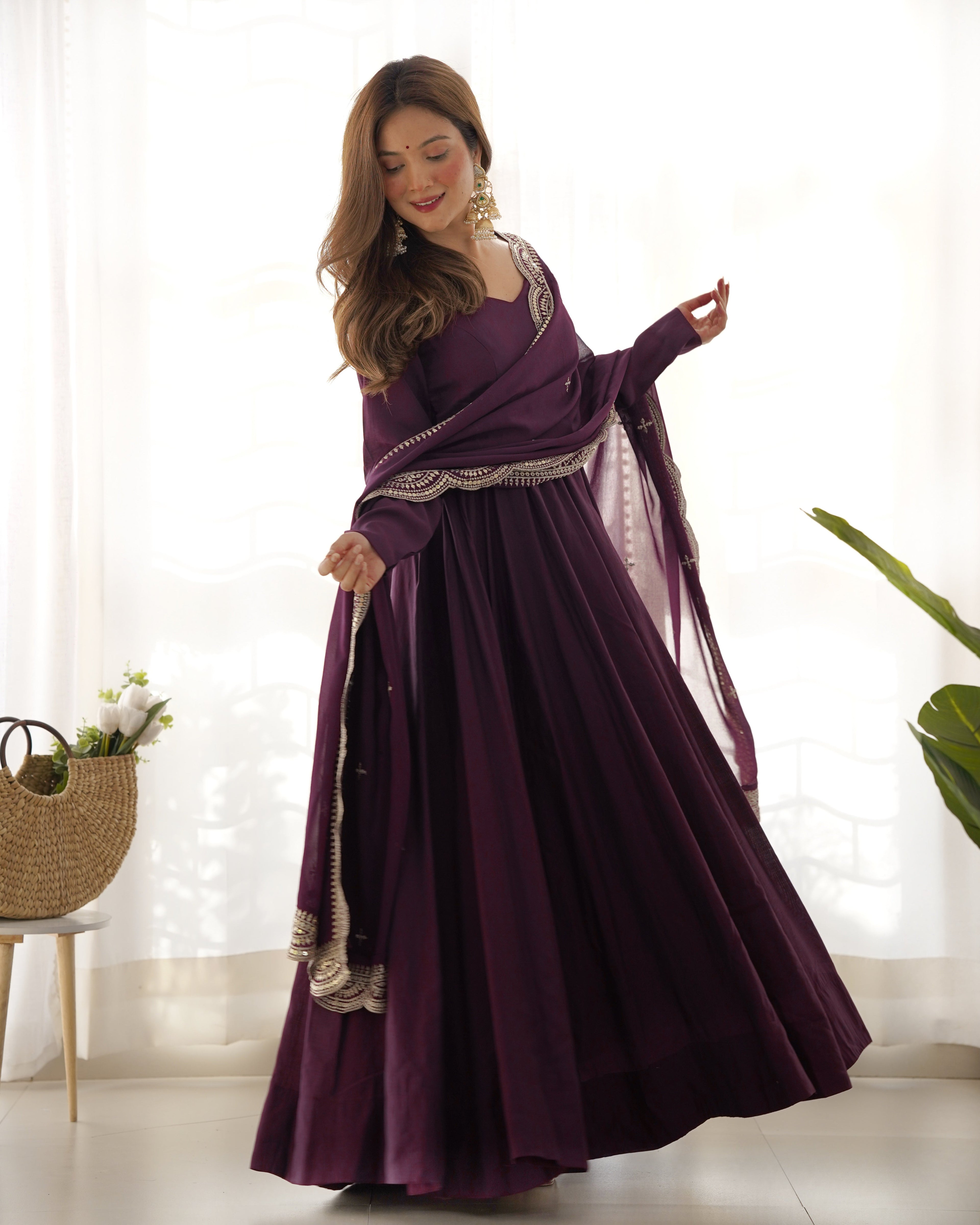 Lorenvalley Mauve Pure Roman Silk Chanderi Fabric Fully Flared Anarkali Pant With Dupatta Set - Wine