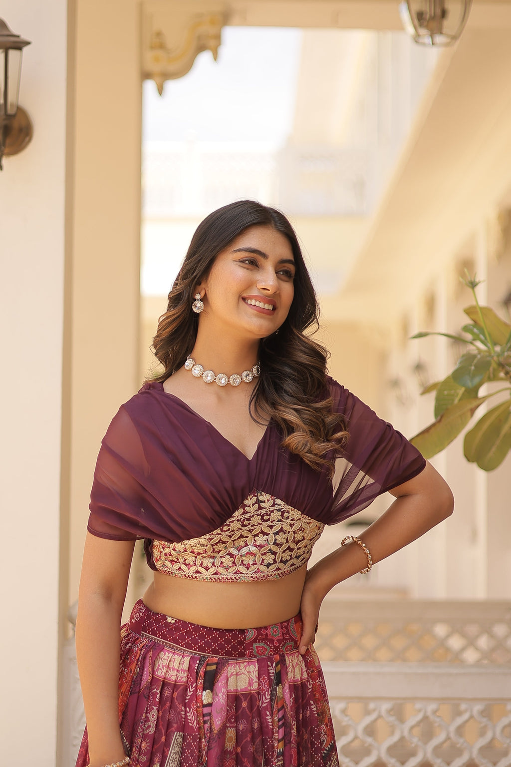 Lorenvalley Wine Russian Silk Rich Digital Printed With Foil Embroidery work Lehenga Choli