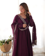 Lorenvalley Mauve Pure Roman Silk Chanderi Fabric Fully Flared Anarkali Pant With Dupatta Set - Wine