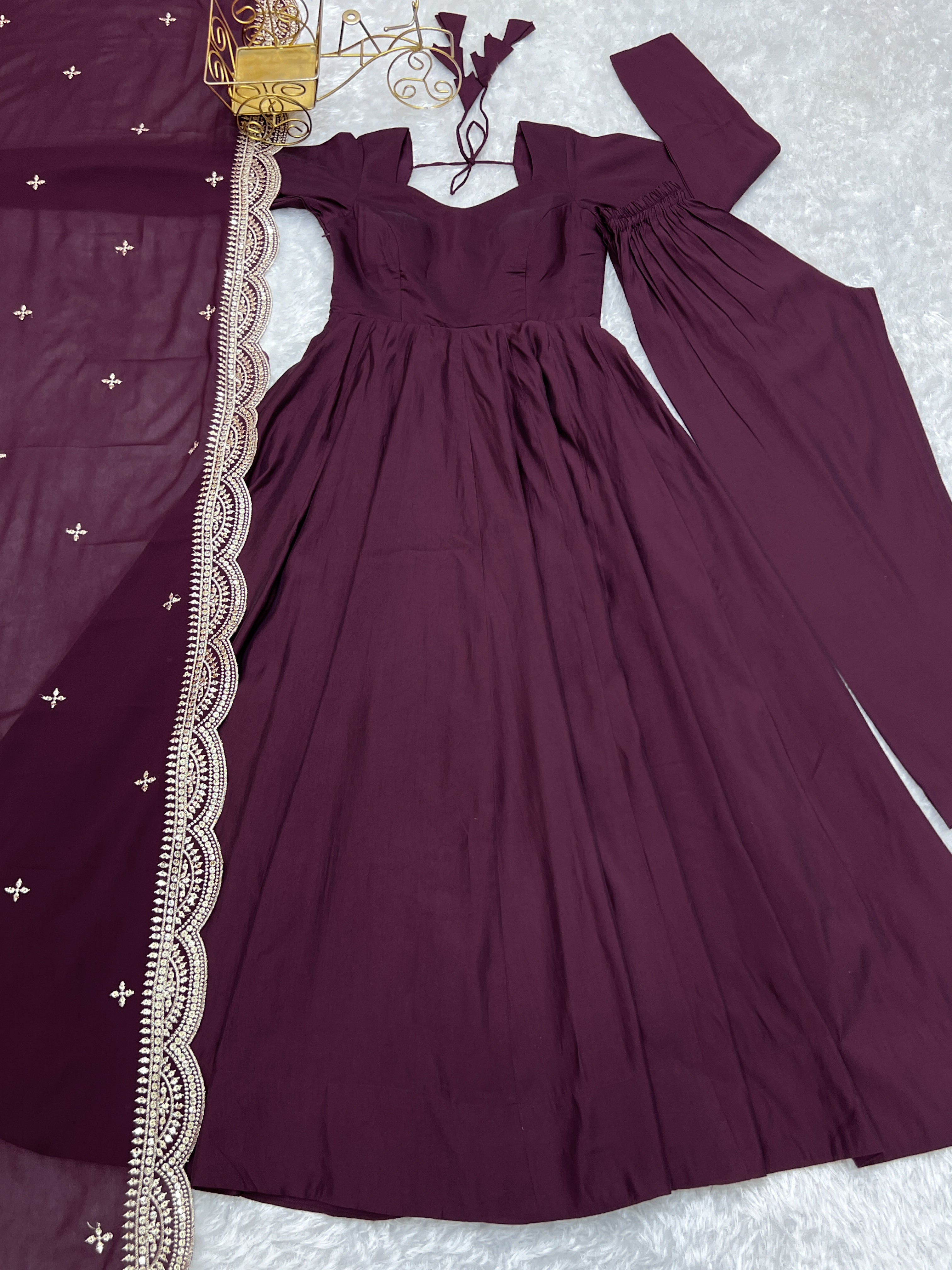 Lorenvalley Mauve Pure Roman Silk Chanderi Fabric Fully Flared Anarkali Pant With Dupatta Set - Wine